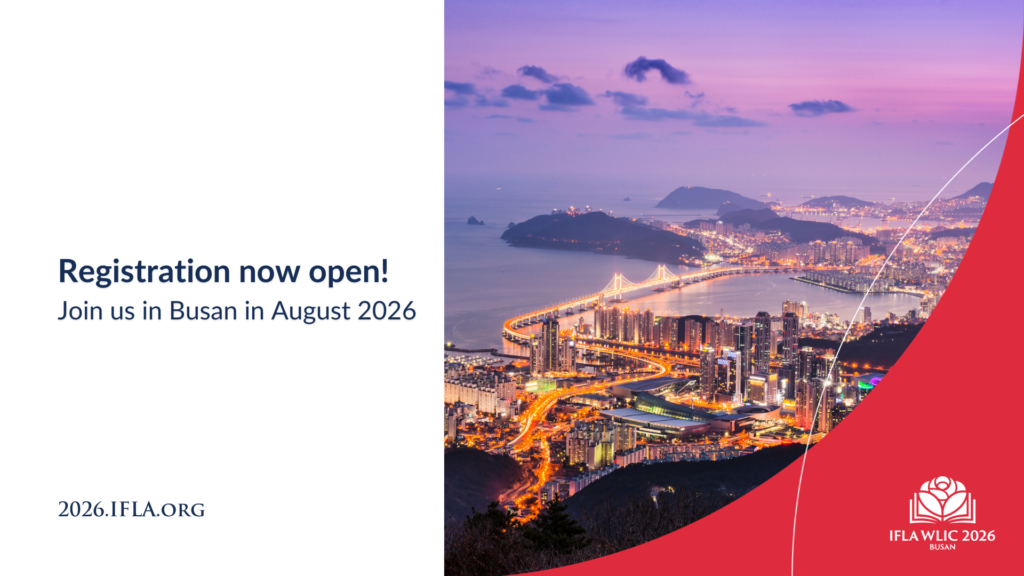 Scenic view of Busan's skyline at dusk with illuminated bridges and buildings. Text on left reads "Registration now open! Join us in Busan in August 2026. 2026.IFLA.org". Logo for IFLA WLIC 2026 in bottom