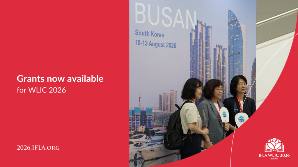 A picture of three people standing in front of a poster about WLIC 2026 Busan and posing for pictures